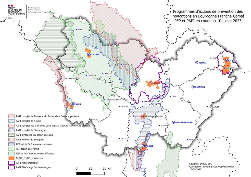 carte des PAPI en cours en BFC au 1er juillet 2023